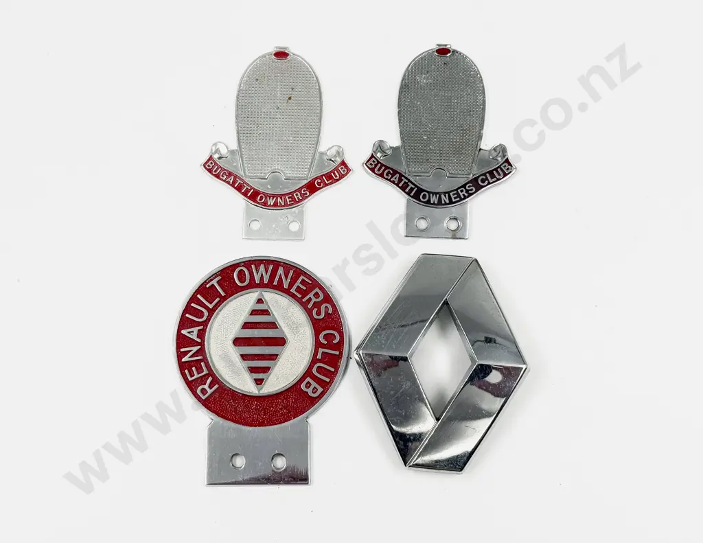 Two Bugatti Chrome and Aluminium Owners Club Badges with Renault Badges Image 1++