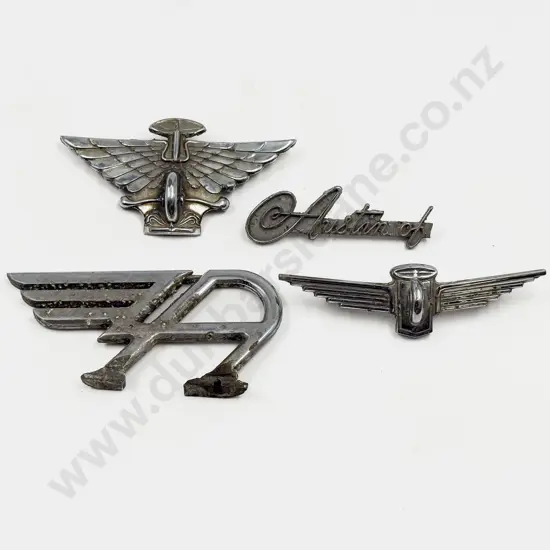 Vintage Austin Flying 'A' Mascot and Three Various Badges