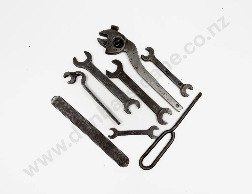 Four Vintage Austin Tool Kit Spanners with Dunlop Tyre Lever and three other tools Image 1++