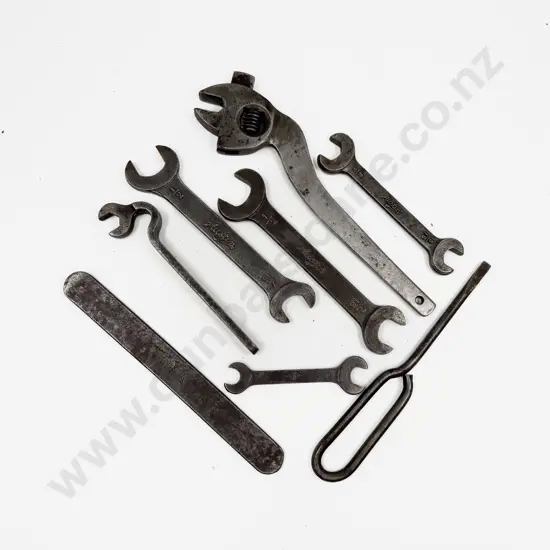 Four Vintage Austin Tool Kit Spanners with Dunlop Tyre Lever and three other tools