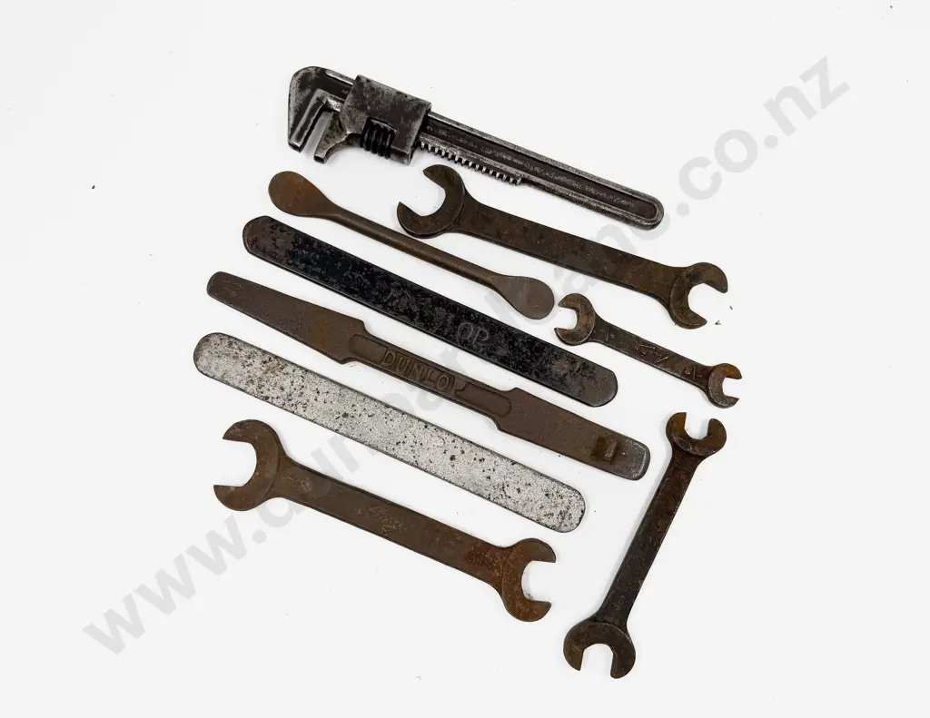 Four Vintage Austin Tool Kit Spanners with Two Dunlop Tyre Levers and three other tools Image 1++