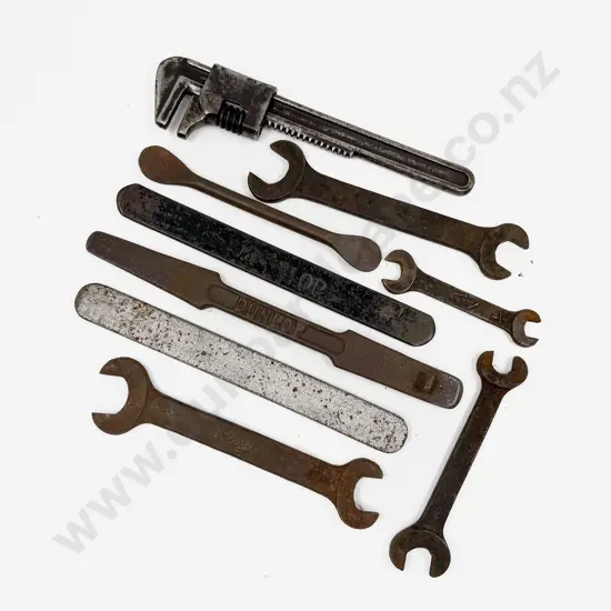 Four Vintage Austin Tool Kit Spanners with Two Dunlop Tyre Levers and three other tools