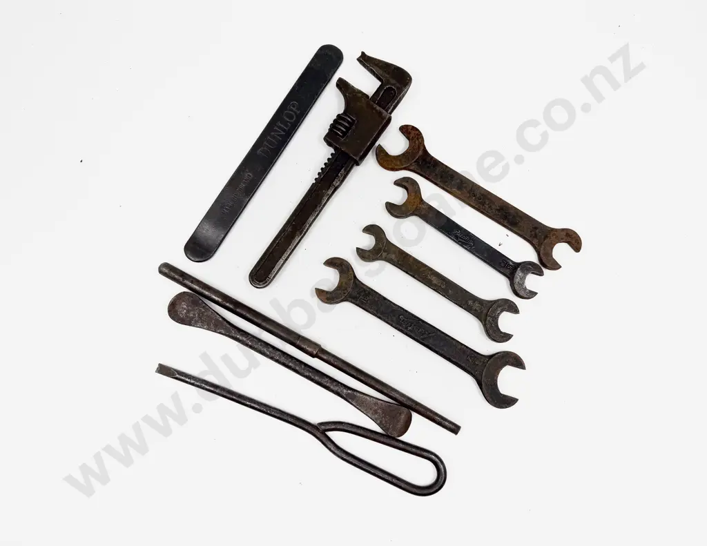 Four Vintage Austin Tool Kit Spanners with Dunlop Tyre Lever and four other tools Image 1++