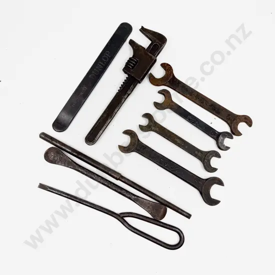 Four Vintage Austin Tool Kit Spanners with Dunlop Tyre Lever and four other tools