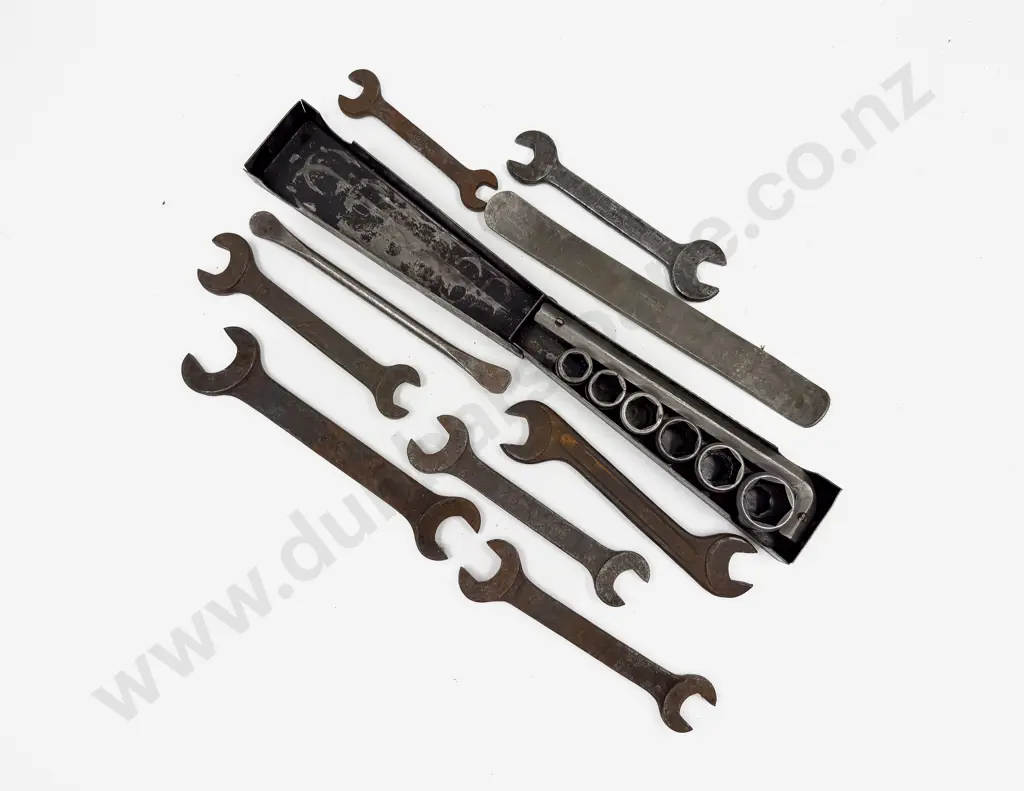 Five Vintage Austin Tool Kit Spanners with Un-named Torque Wrench Set and four other tools Image 1++