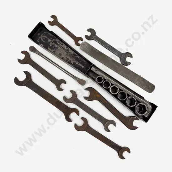 Five Vintage Austin Tool Kit Spanners with Un-named Torque Wrench Set and four other tools