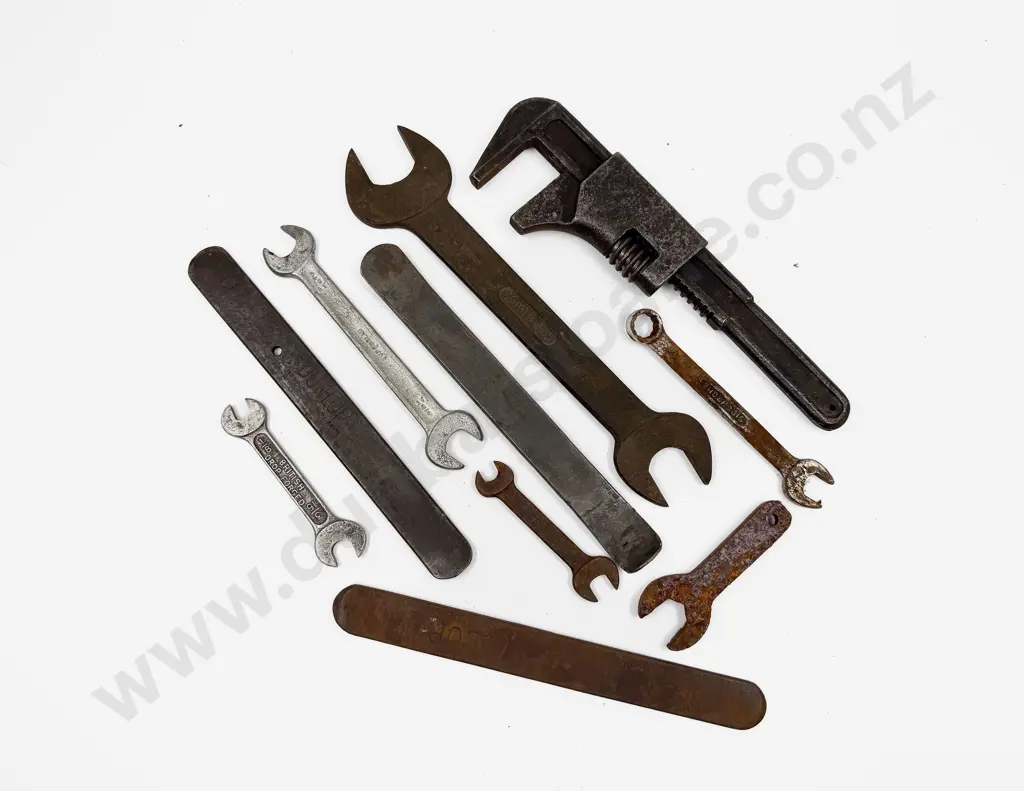 Vintage Vauxhall Adjuster Spanner with Three BSA Spanners and seven other tools Image 1++