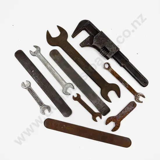 Vintage Vauxhall Adjuster Spanner with Three BSA Spanners and seven other tools