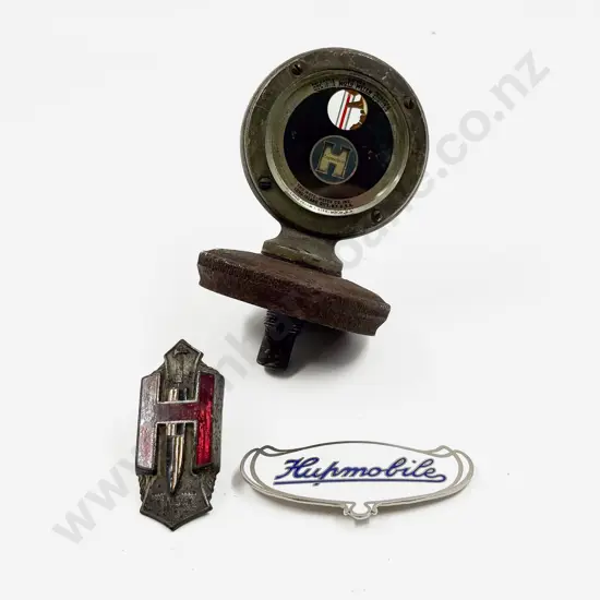 Vintage Hupmoile Car Badge with Motometer and Replica White Enamel Badge