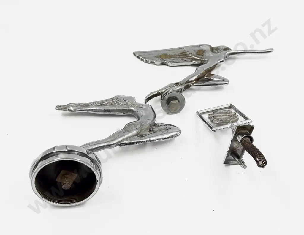 Vintage Oldsmobile Car Hood Badge with Two Art Deco Speed Nymph Car Mascots Image 1++