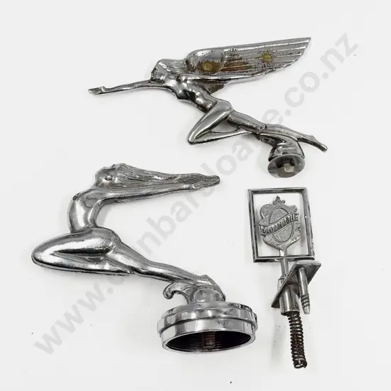 Vintage Oldsmobile Car Hood Badge with Two Art Deco Speed Nymph Car Mascots