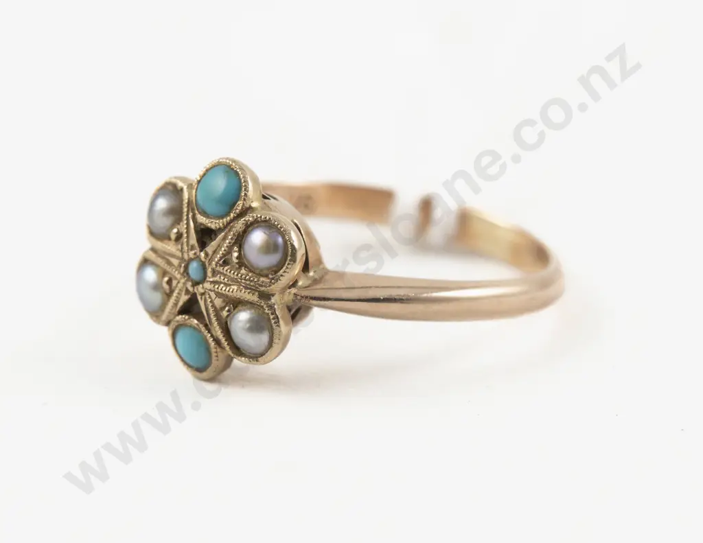 Victorian 9ct Seven Stone Pearl and Turquoise Floret Cluster Ring Image 1++