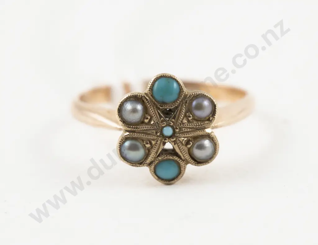 Victorian 9ct Seven Stone Pearl and Turquoise Floret Cluster Ring Image 1++