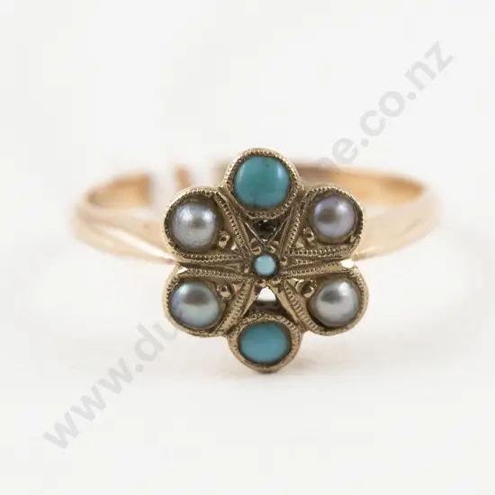 Victorian 9ct Seven Stone Pearl and Turquoise Floret Cluster Ring
