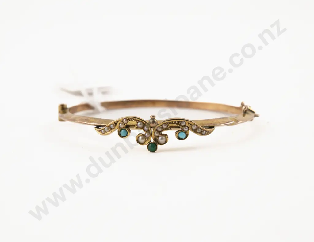 Victorian 9ct Seed Pearl and Turquoise Hinged Snap Bangle Image 1++