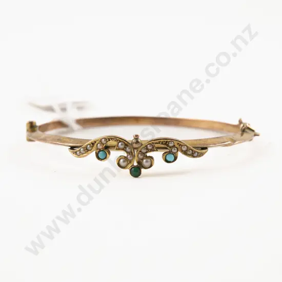 Victorian 9ct Seed Pearl and Turquoise Hinged Snap Bangle