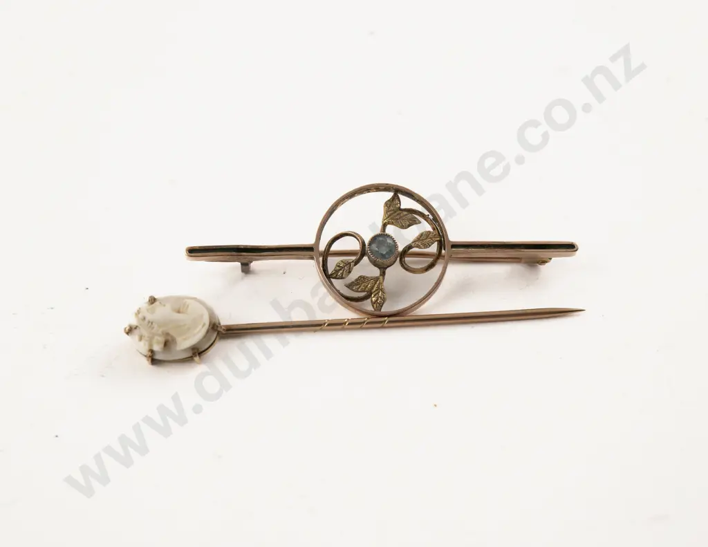 Victorian 9ct Single Stone Topaz Brooch with 9ct Cameo Stick Pin Image 1++
