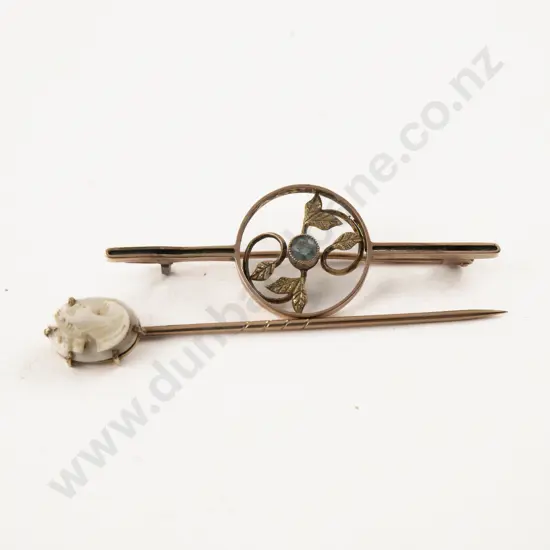 Victorian 9ct Single Stone Topaz Brooch with 9ct Cameo Stick Pin