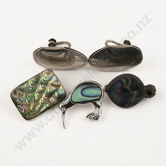Pair S/S Engraved Earrings with Three NZ Paua Brooches
