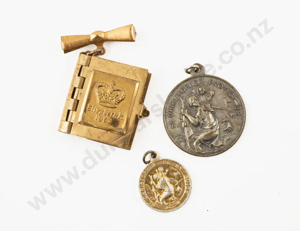 Two Saint Christopher Pendants with Gold Plated 1953 Queen Elizabeth Coronation Photo Book Brooch Image 1++