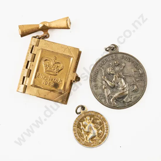 Two Saint Christopher Pendants with Gold Plated 1953 Queen Elizabeth Coronation Photo Book Brooch
