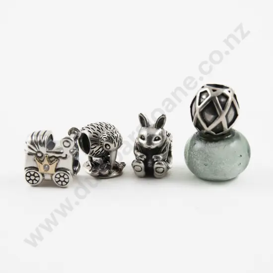 Four S/S Pandora Charms with One Murano Bead Charm