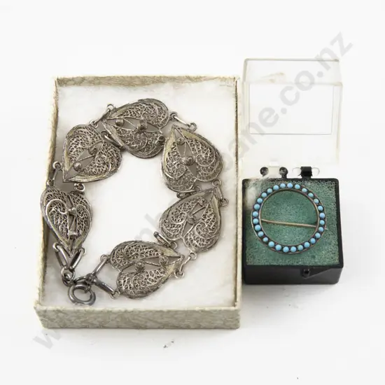 Vintage S/S Circular Turquoise Brooch with Filigree Style Bracelet