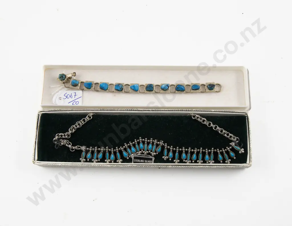Vintage S/S Eleven Stone Turquoise Panel Bracelet with Necklace Image 1++