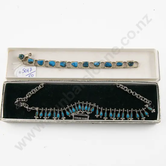 Vintage S/S Eleven Stone Turquoise Panel Bracelet with Necklace