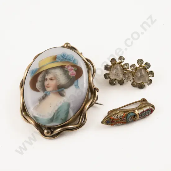 Vintage Gold Plated Frame Hand Painted Portrait of Lady Brooch with Two Others