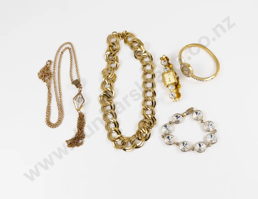 Two Gold Plated and Rhinestone Wrist Watches with Collection of Costume Jewellery Image 1++