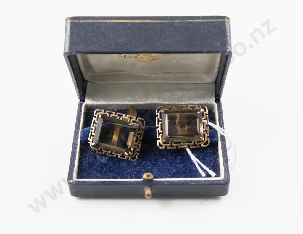 Pair Silver Gilt Smoky Quartz Cuff Links Image 1++