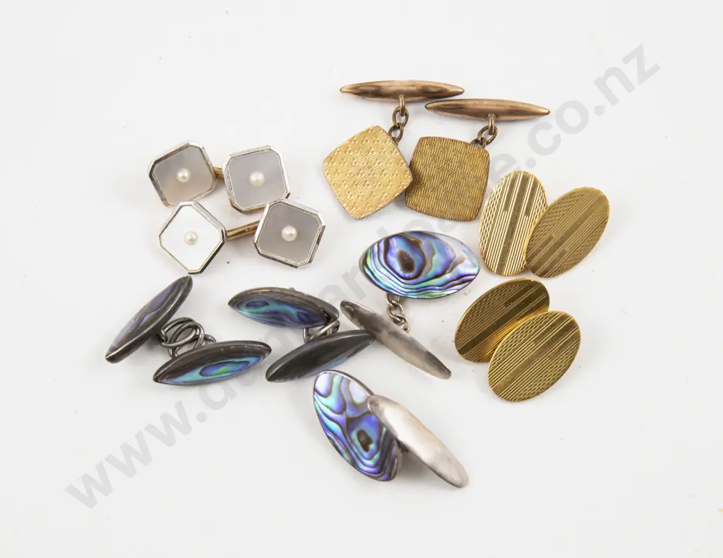 Pair 9ct MOP Cuff Links with Two Pairs S/S and Paua Cufflinks and Two Others Image 1++
