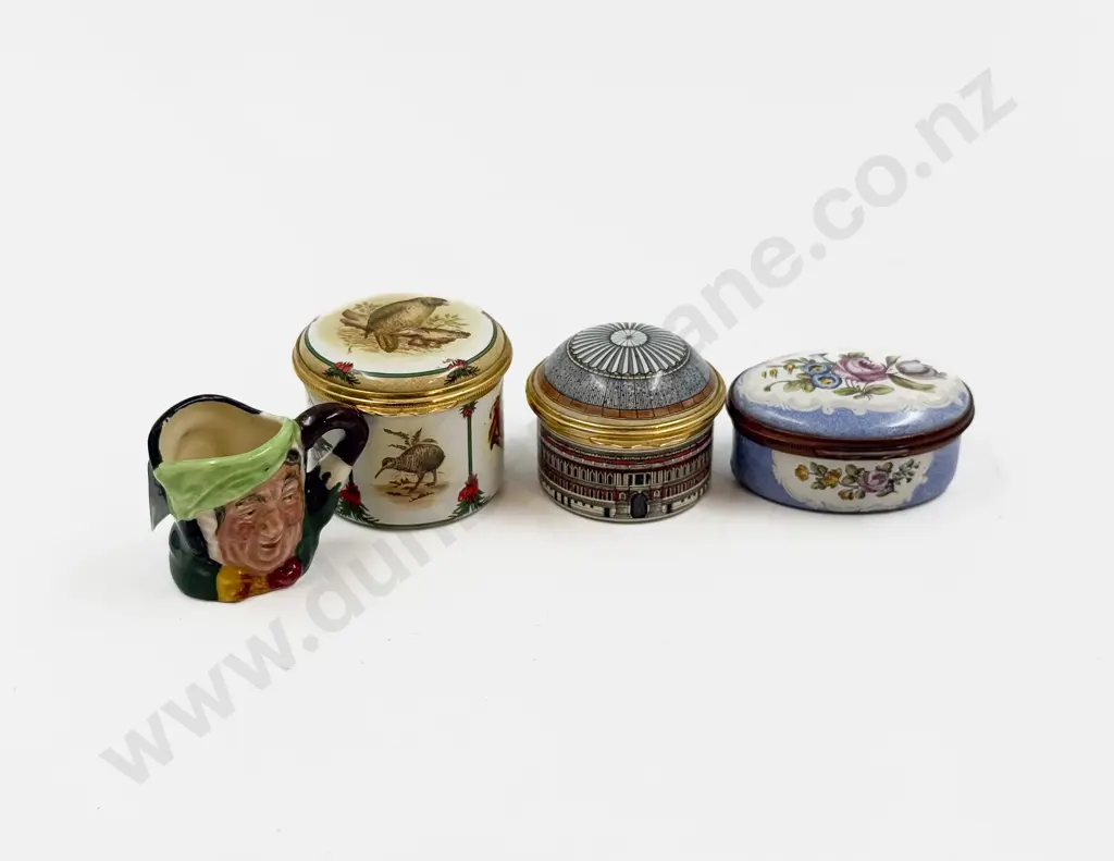 Three Halcyon Days Enamel Trinket Boxes together with RD Miniature Character Jug Image 1++