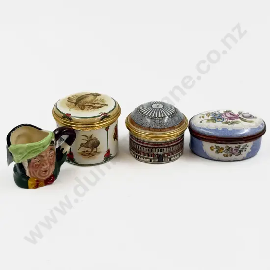 Three Halcyon Days Enamel Trinket Boxes together with RD Miniature Character Jug
