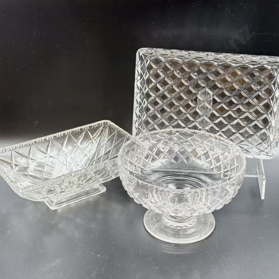 Stuart Crystal Pedestal Bowl together with Two Other Pieces of Crystal