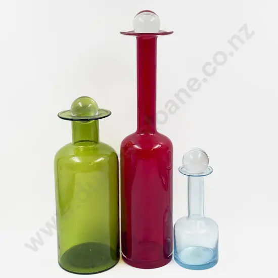 Three Coloured Glass Decanters with Orb Stoppers