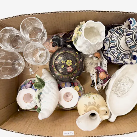 Box Qty of Assorted incl China Glassware & Cloisonne Ginger Jar