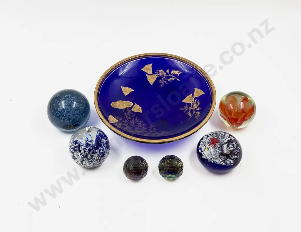 Qty of Assorted Art Glass Paperweights on Footed Blue Glass Dish Image 1++
