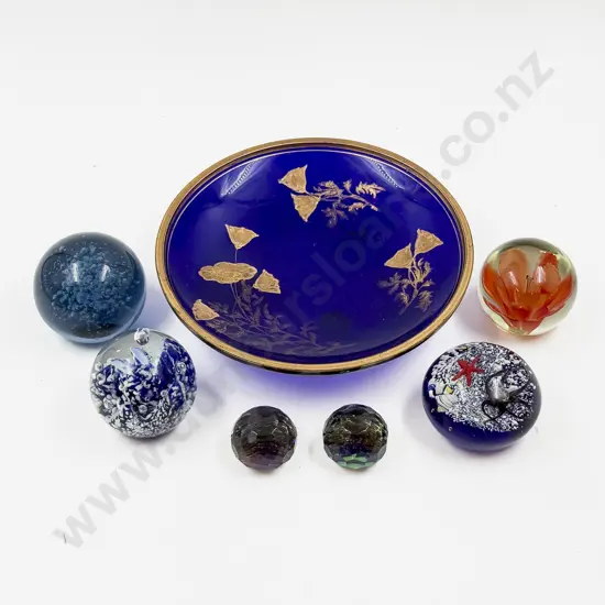 Qty of Assorted Art Glass Paperweights on Footed Blue Glass Dish
