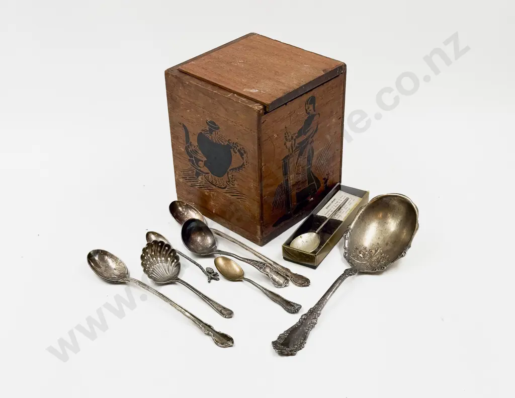 Small Qty of Assorted S/P & S/S Spoons in Vintage Tea Caddy Box Image 1++