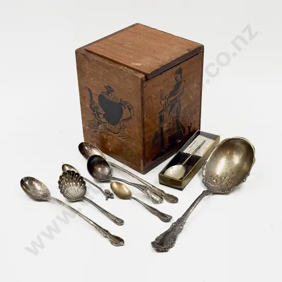 Small Qty of Assorted S/P & S/S Spoons in Vintage Tea Caddy Box
