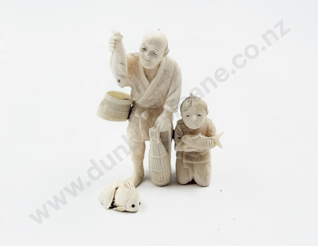 Ivory Group Figure of Fisherman & Son Image 1++