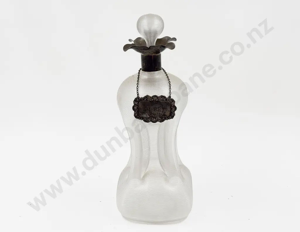 Antique Ribbed Glass Decanter with S/S Collar & Decanter Label Image 1++