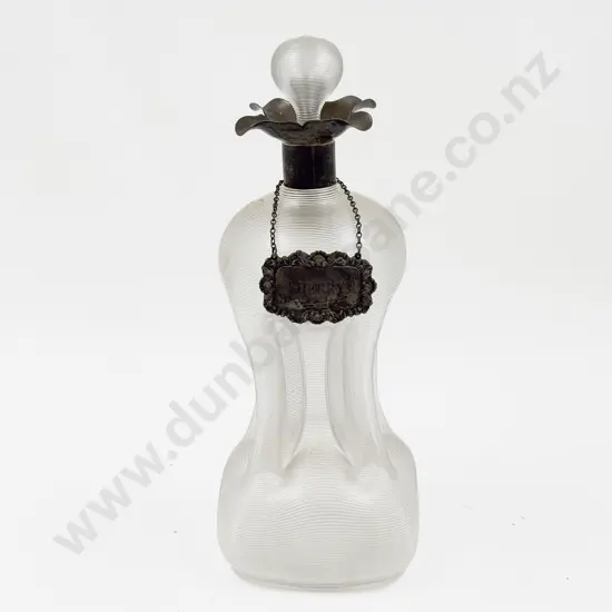 Antique Ribbed Glass Decanter with S/S Collar & Decanter Label