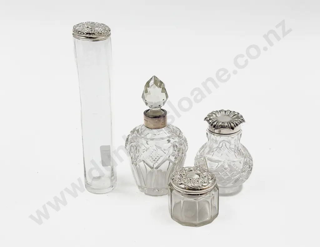 Three S/S Topped Vanity Jars together with S/S Collared Scent Bottle Image 1++
