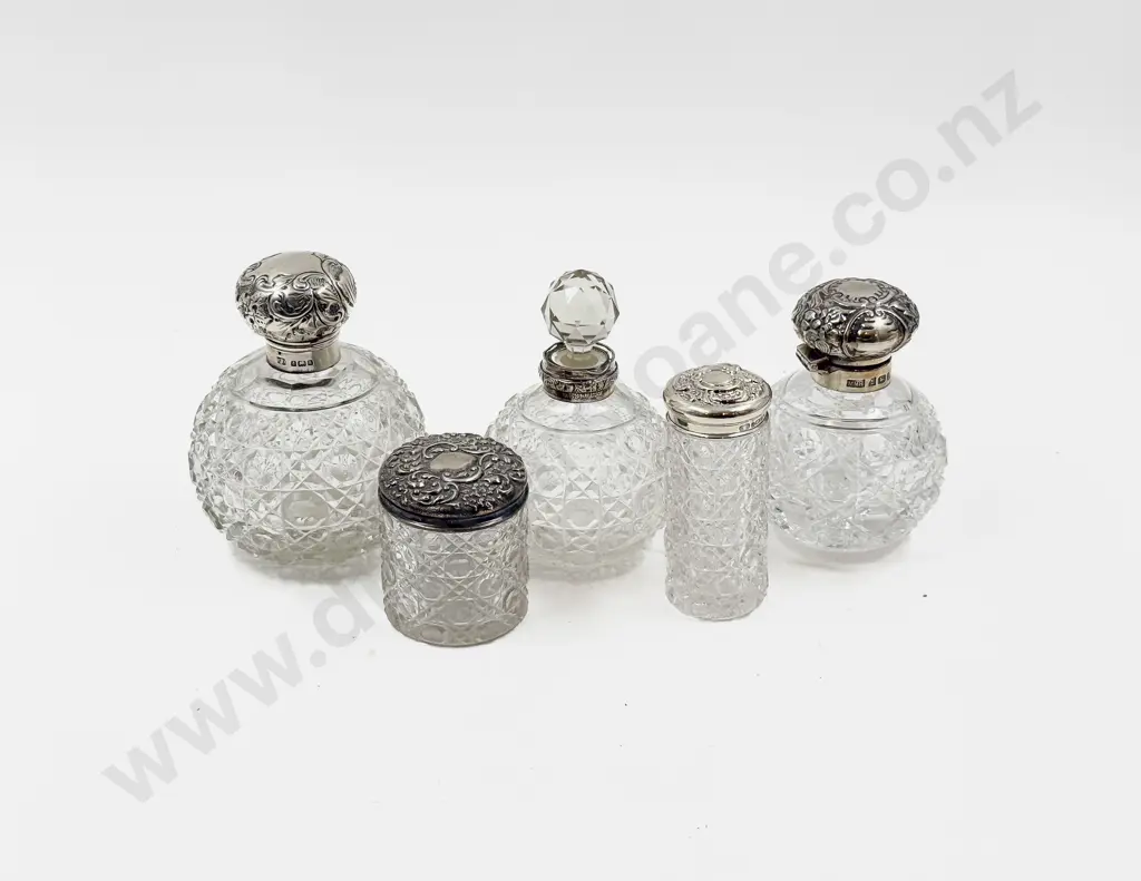 A Set of Five S/S Topped/Collared Vanity Bottles/Jars Image 1++