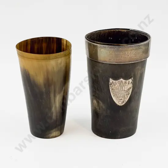 Two Vict Horn Beakers with Faults S/Silver Rim on Larger