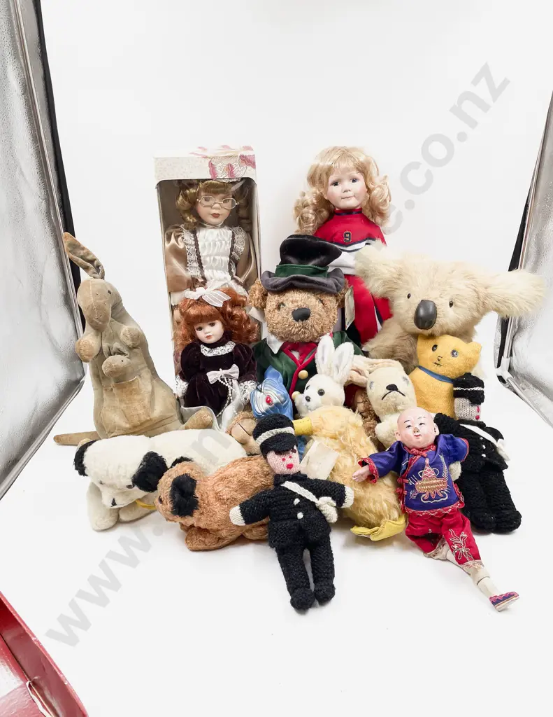 Mixed Lot of New Bisque Dolls with Vintage Cloth Animals and Teddy Bears Image 1++