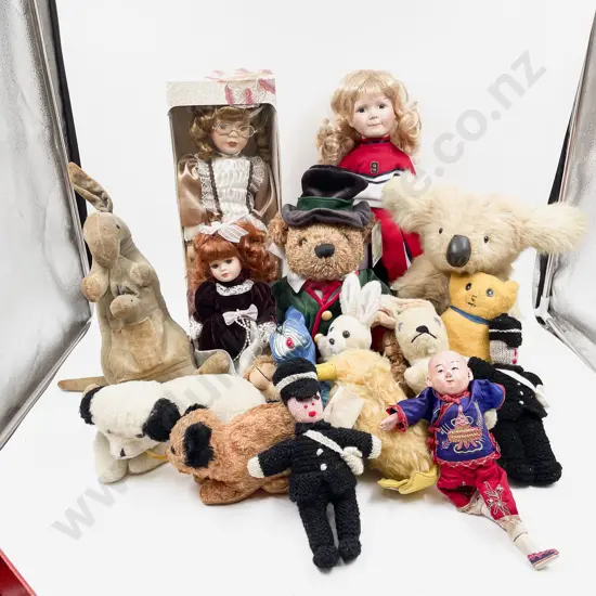 Mixed Lot of New Bisque Dolls with Vintage Cloth Animals and Teddy Bears